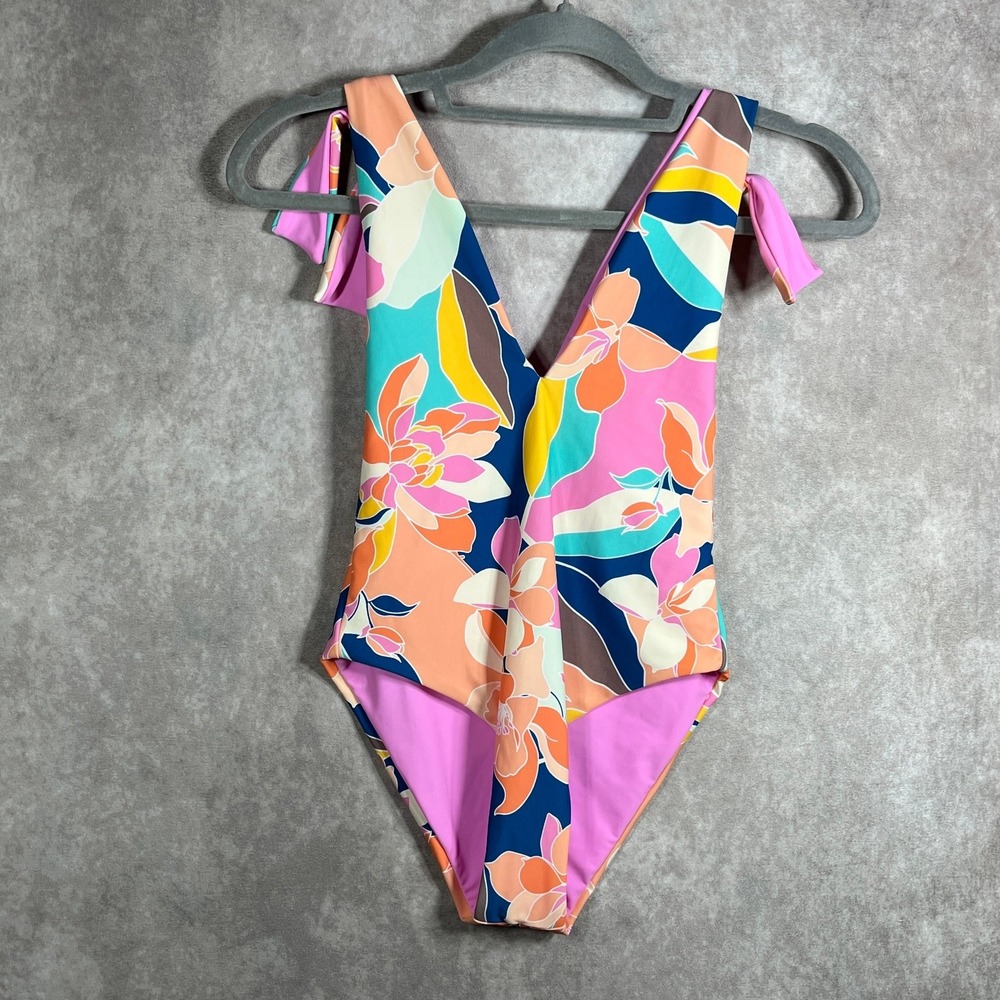 Kikirio One Piece Swimsuit Womens Size XS Floral Bow Shoulders Lined NEW
